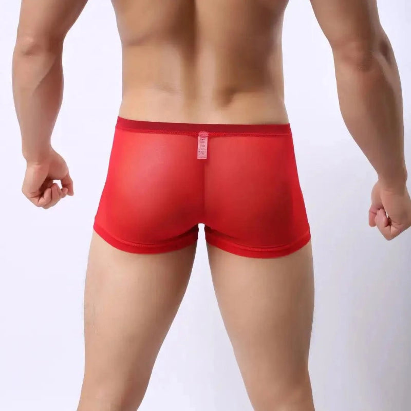 Back view of DomiGe red modal mesh boxer briefs — no-chafe flat seam rear, no ride-up fit	