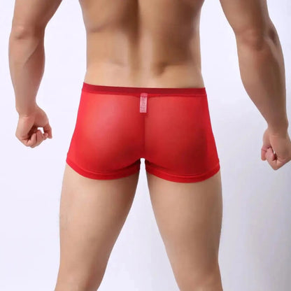 Back view of DomiGe red modal mesh boxer briefs — no-chafe flat seam rear, no ride-up fit	