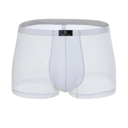 Three-quarter view of DomiGe white modal mesh boxer briefs — sculpted fit with dual-layer mesh and modal	