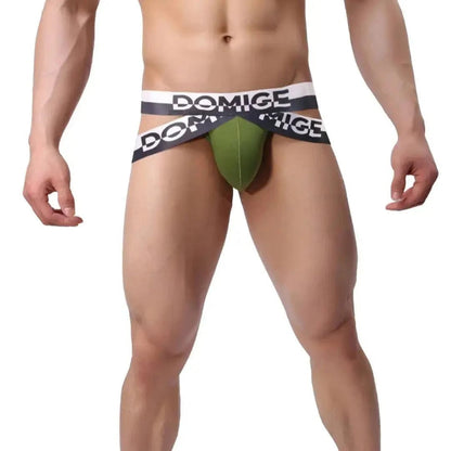 Men's army green π-band jockstrap front view – DomiGe cotton stretch silver waistband