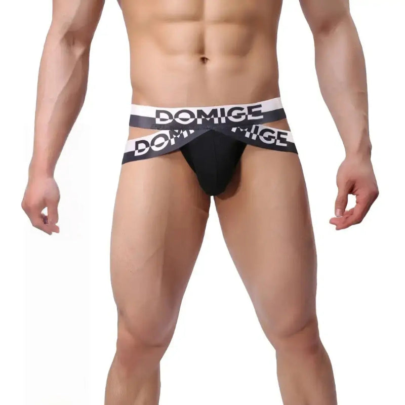 Men's black π-band jockstrap front view – DomiGe cotton stretch with silver waistband