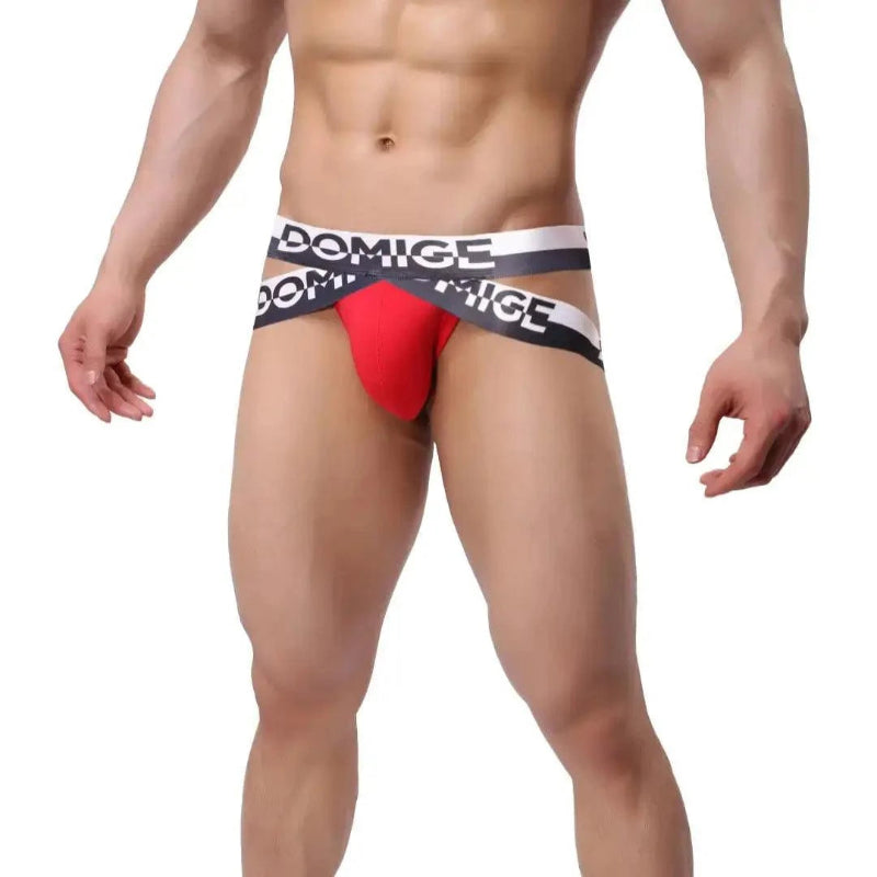 Men's red π jockstrap side view – bold band design DomiGe
