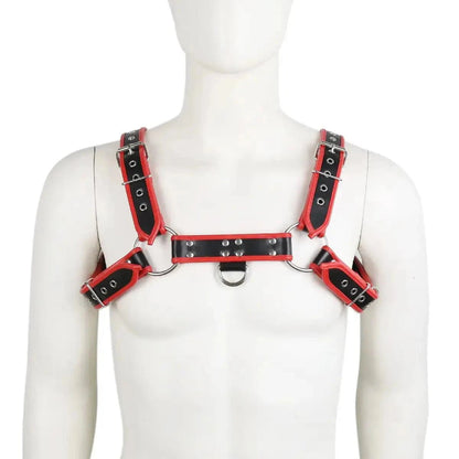 DomiGe red leather body harness — model front view showing adjustable cross-chest design and PU leather texture	Male Harness Red Leather Men's Underwear