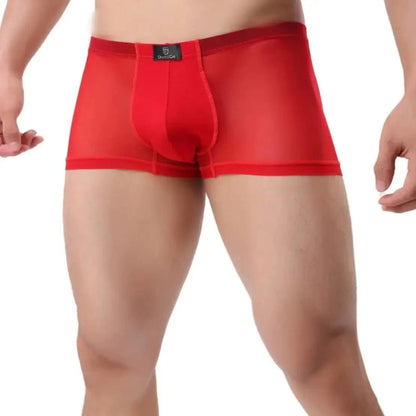 DomiGe sheer boxer briefs in red — model front view showing see-through mesh body and modal-lined bulge enhancing pouch	