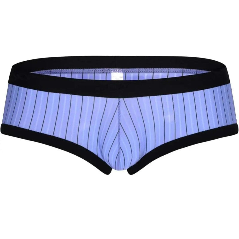 Three-quarter view of DomiGe cool blue striped low-rise trunks — contoured 3D pouch and contrast stripe design	