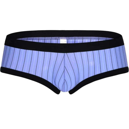 Three-quarter view of DomiGe cool blue striped low-rise trunks — contoured 3D pouch and contrast stripe design	