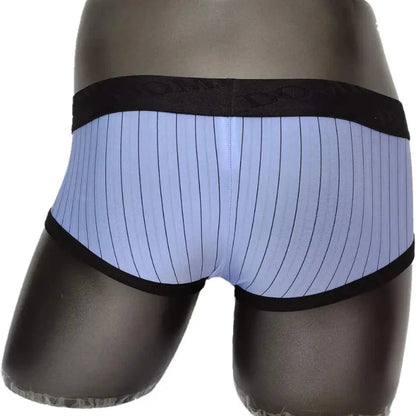 Rear view of DomiGe cool blue striped low-rise trunks — ultra-low rise back with flatlock seams	
