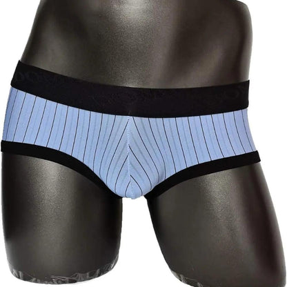 Men's cool blue striped low-rise trunks — DomiGe 3cm black woven logo waistband with 3D contour pouch	