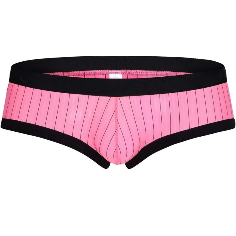 Three-quarter view of DomiGe pink striped low-rise trunks — contoured 3D pouch and contrast stripe design	