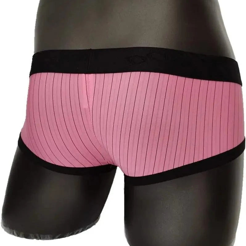 Rear view of DomiGe pink striped low-rise trunks — ultra-low rise back with flatlock seams	