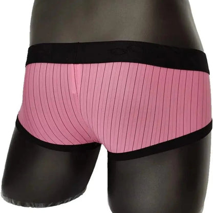 Rear view of DomiGe pink striped low-rise trunks — ultra-low rise back with flatlock seams	