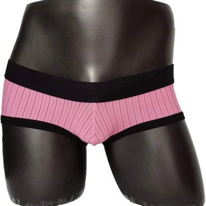 Men's pink striped low-rise trunks — DomiGe 3cm black woven logo waistband with 3D contour pouch	