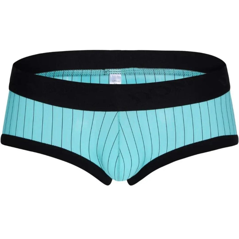 Three-quarter view of DomiGe turquoise blue low-rise trunks — contoured 3D pouch and contrast stripe design	