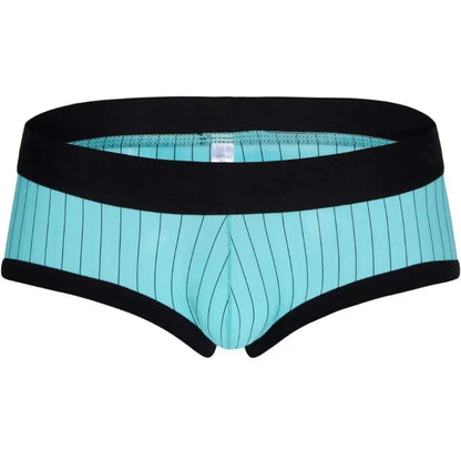 Three-quarter view of DomiGe turquoise blue low-rise trunks — contoured 3D pouch and contrast stripe design	