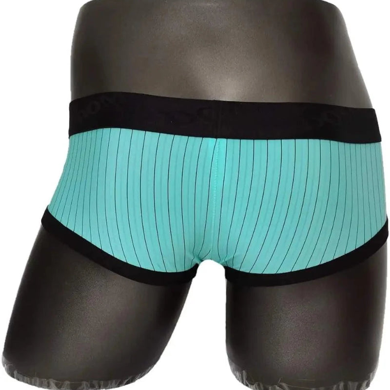 Rear view of DomiGe turquoise blue low-rise trunks — ultra-low rise back with flatlock seams	