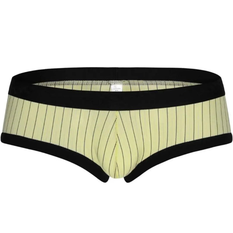 Three-quarter view of DomiGe yellow striped low-rise trunks — contoured 3D pouch and contrast stripe design	