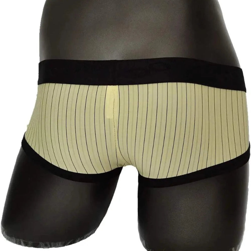 Rear view of DomiGe yellow striped low-rise trunks — ultra-low rise back with flatlock seams	