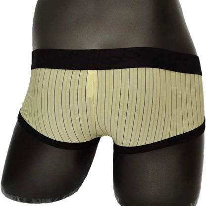 Rear view of DomiGe yellow striped low-rise trunks — ultra-low rise back with flatlock seams	