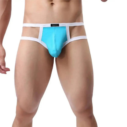 DomiGe X-Design jockstrap in sky blue — model front view showing enhanced front pouch and open back design	