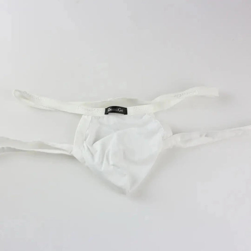 DomiGe X-Design jockstrap in white — flat lay front view showing enhanced contour pouch design	