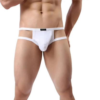 DomiGe X-Design jockstrap in white — model front view showing enhanced front pouch and open back design	