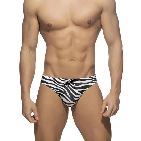DomiGe zebra print swim briefs — model front view	