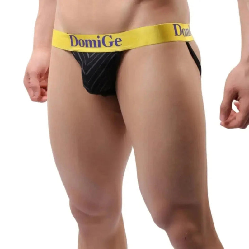 DomiGe bamboo double-strap jockstrap black front view — supportive lift pouch eco-friendly model	