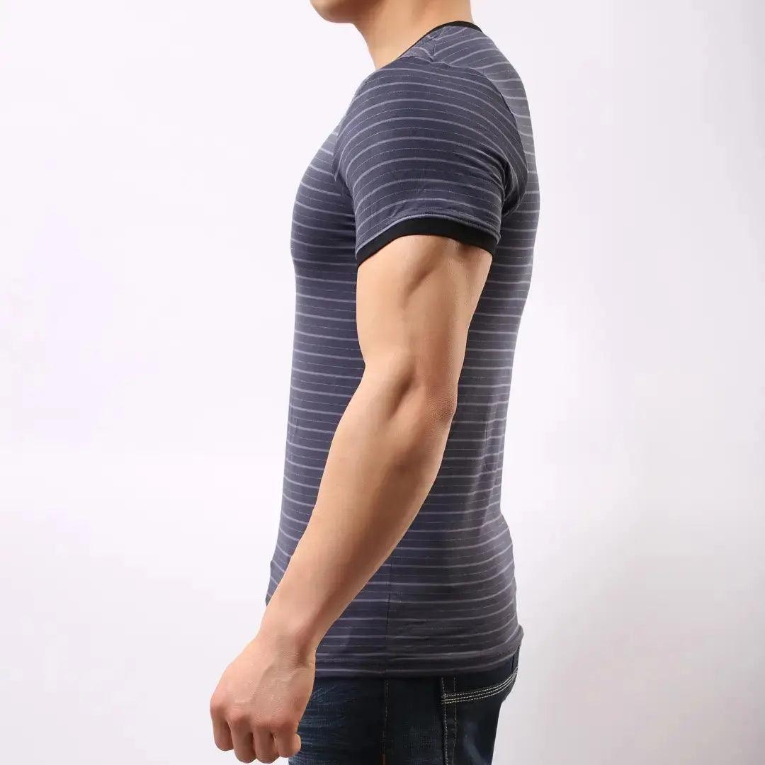 Men's Eco-Friendly Bamboo Fiber V-Neck T-Shirt in Blue-Gray Stripe - His Inwear