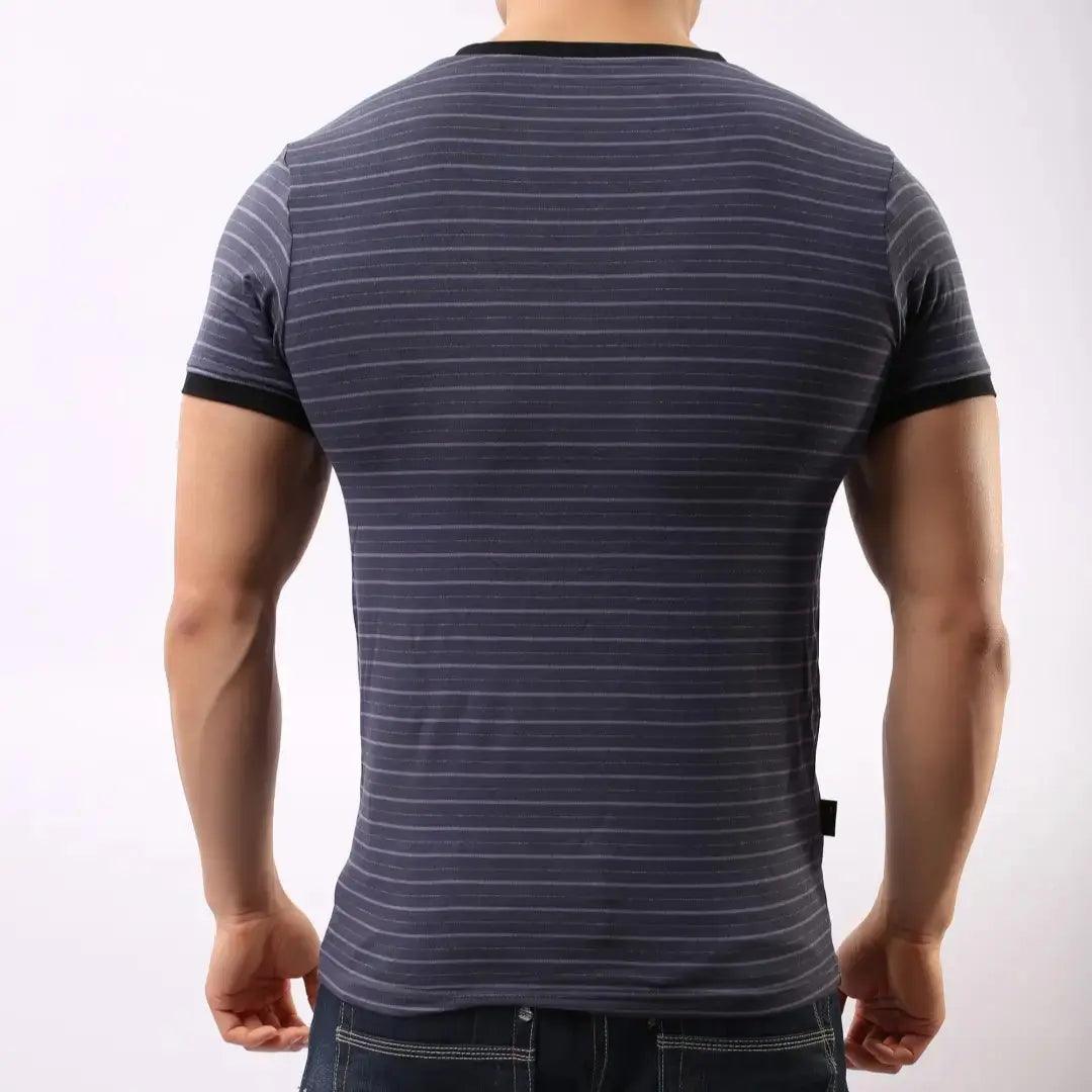 Men's Eco-Friendly Bamboo Fiber V-Neck T-Shirt in Blue-Gray Stripe - His Inwear