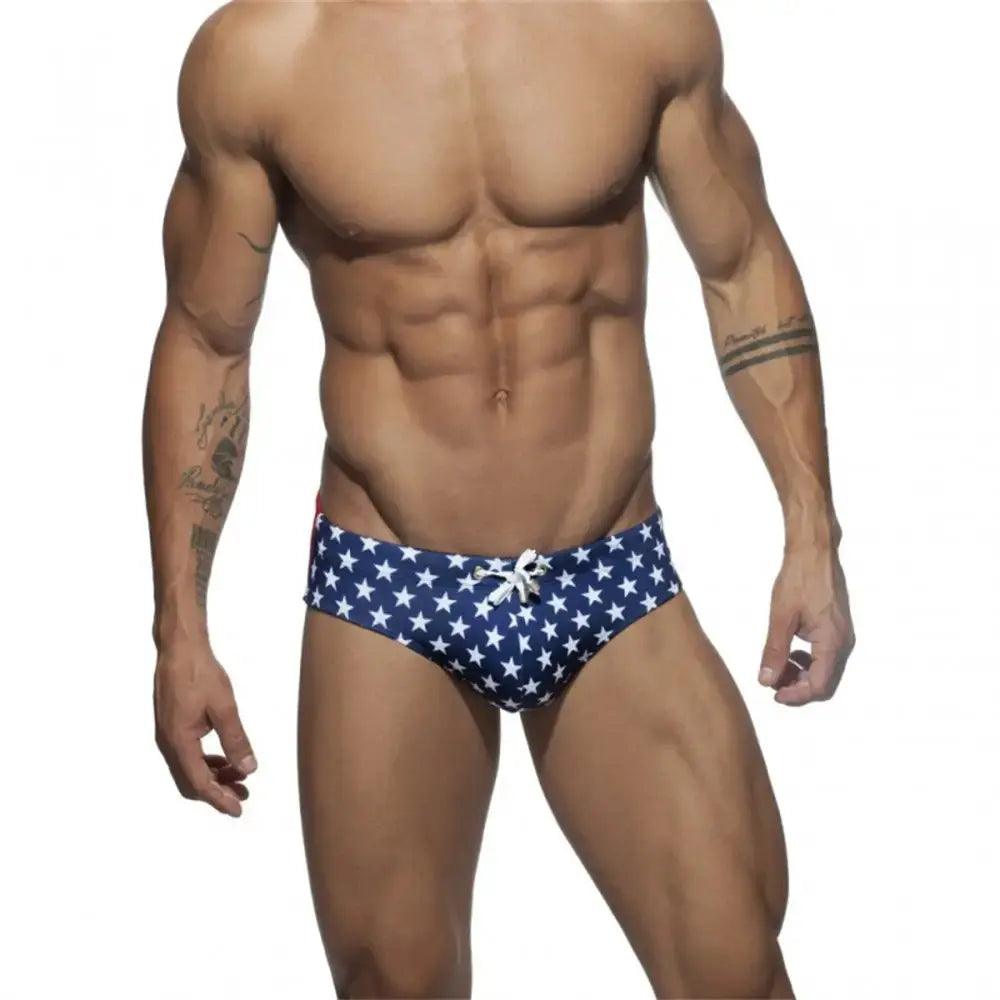 Men's Low-Waist Sexy Swim Briefs with National Flag Print for Beach and Spa Bikini - His Inwear