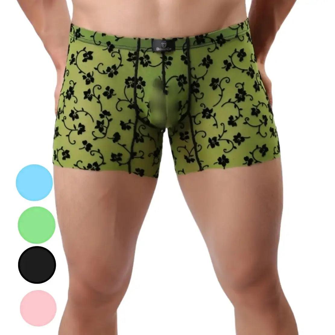 Men's Mid-Rise Nylon Boxer Briefs with Flocking Mesh Male Boxers Trunk Underwear - His Inwear