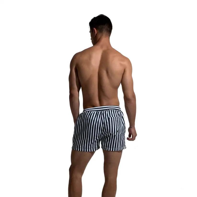 Men's Navy Stripe Lined Board Shorts with Pocket Nylon Swim Trunks - His Inwear