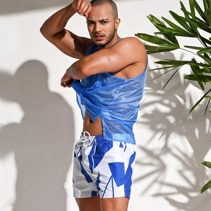 Men's Printed Beach Shorts Blue Block Board Shorts with Mesh Lining - His Inwear