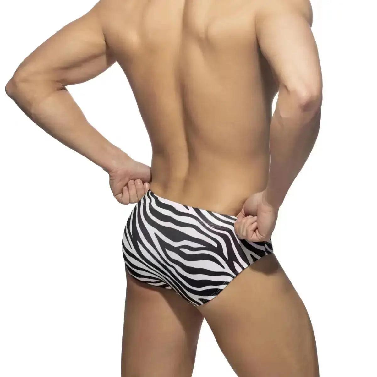 Men's Zebra Print Low-Rise Swim Briefs with Drawstring – Quick-Dry, Beachwear - His Inwear