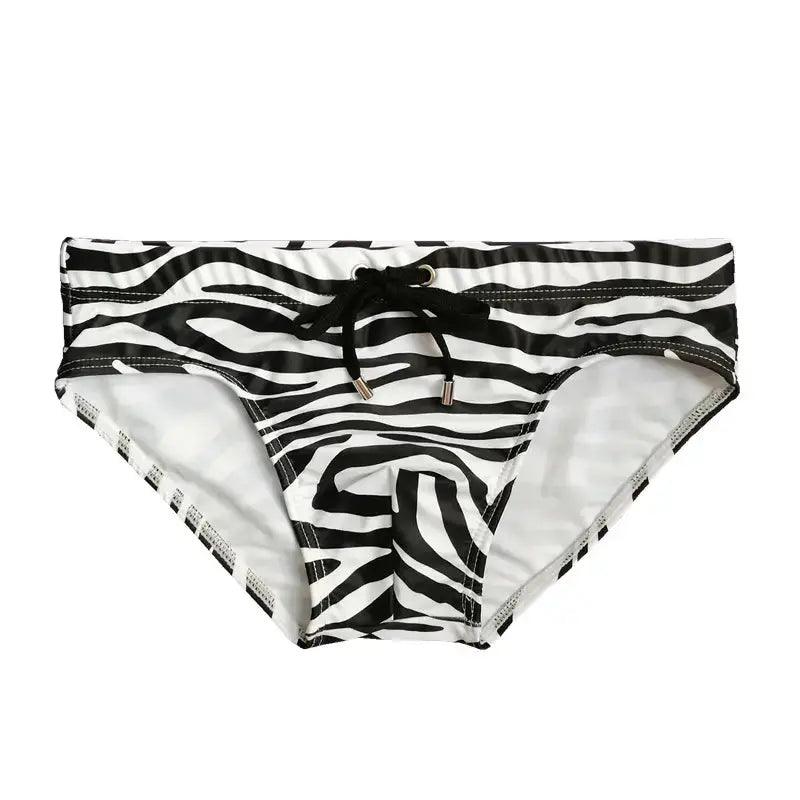 Men's Zebra Print Low-Rise Swim Briefs with Drawstring – Quick-Dry, Beachwear - His Inwear