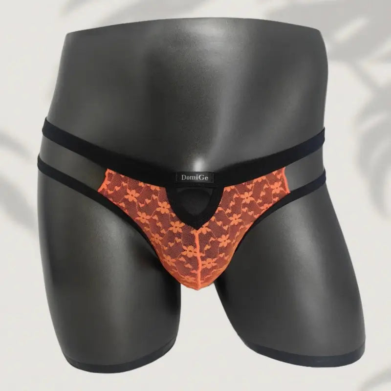 Orange lace mesh thong front view on mannequin - DomiGe ODO5753