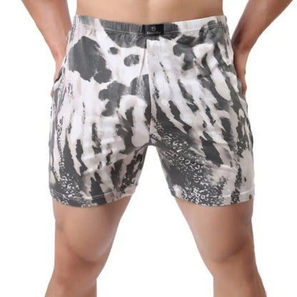 Front view of DomiGe OJJ8000 printed cotton boxer shorts in abstract black and white pattern