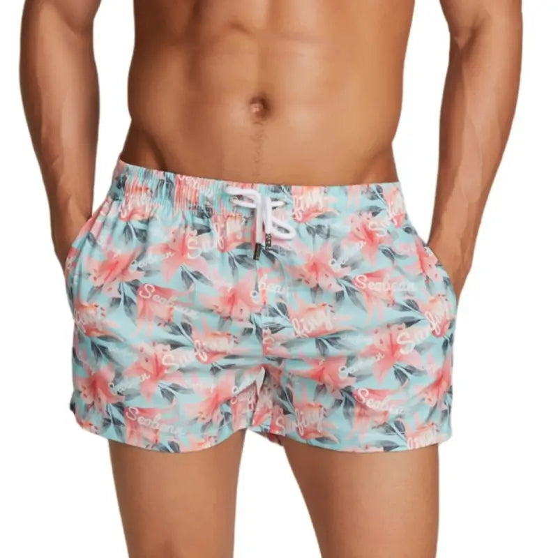 Seobean Seobean Men's Lily Print Polyester Beach Shorts | Quick-Dry Swim Trunks 221301
