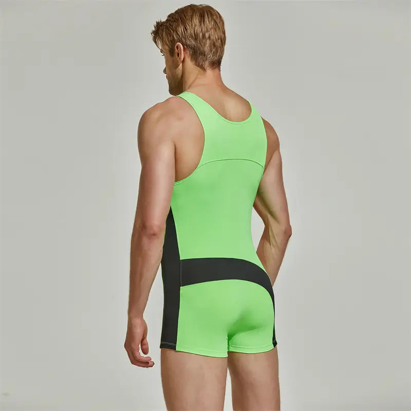 Seobean Seobean Men's Pro Wrestling Bodysuit | Black/Green & Navy | 4-Way Stretch 220701