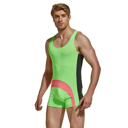 Seobean Seobean Men's Pro Wrestling Bodysuit | Black/Green & Navy | 4-Way Stretch 220701