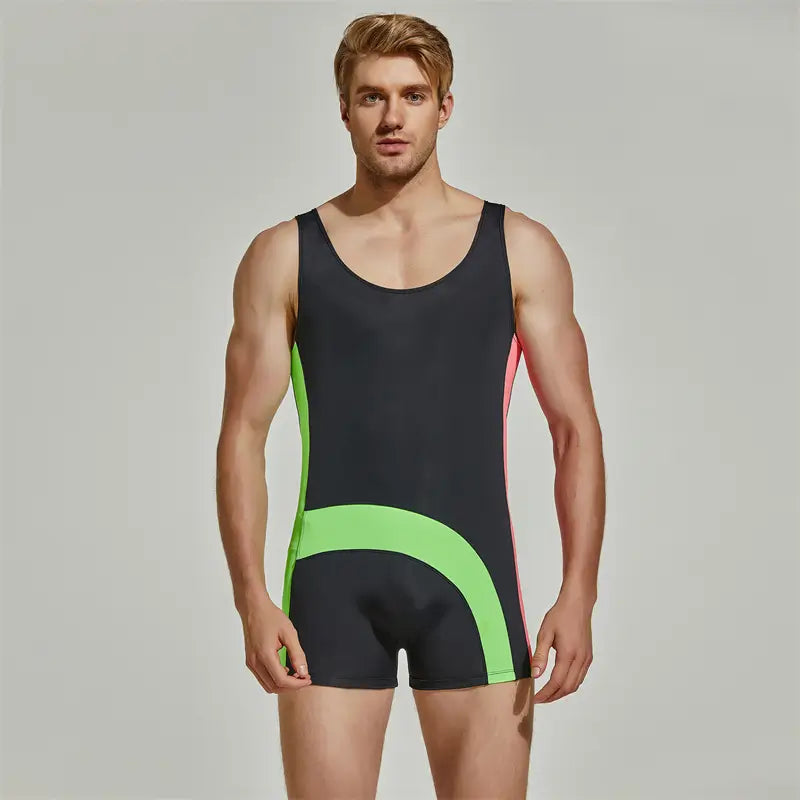 Seobean Seobean Men's Pro Wrestling Bodysuit | Black/Green & Navy | 4-Way Stretch 220701