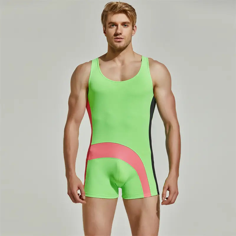 Seobean Seobean Men's Pro Wrestling Bodysuit | Black/Green & Navy | 4-Way Stretch 220701