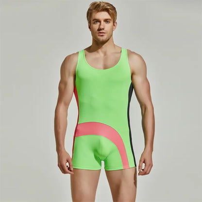 Seobean Seobean Men's Pro Wrestling Bodysuit | Black/Green & Navy | 4-Way Stretch 220701