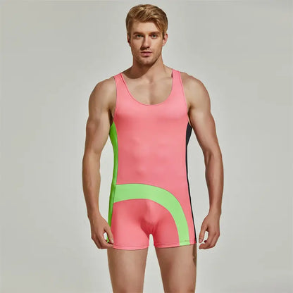 Seobean Seobean Men's Pro Wrestling Bodysuit | Black/Green & Navy | 4-Way Stretch 220701