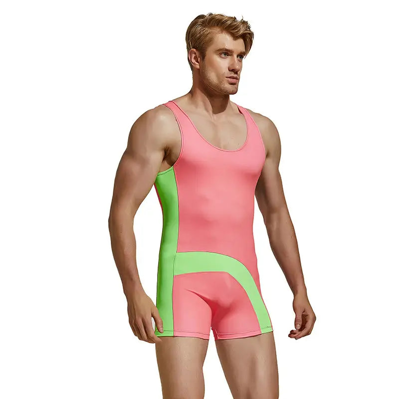Seobean Seobean Men's Pro Wrestling Bodysuit | Black/Green & Navy | 4-Way Stretch 220701