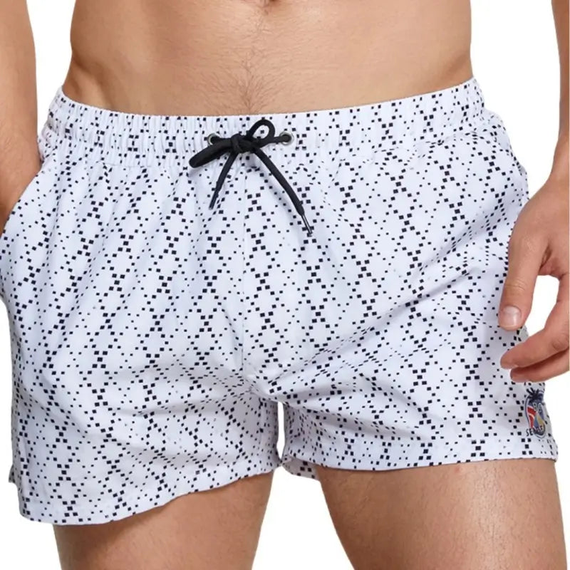 Seobean Seobean Men's Swim Shorts White Pixel Print Beach Board Shorts 241305
