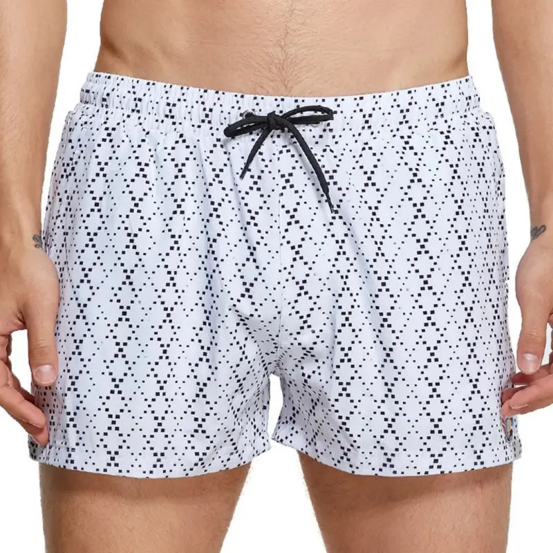 Seobean Seobean Men's Swim Shorts White Pixel Print Beach Board Shorts 241305