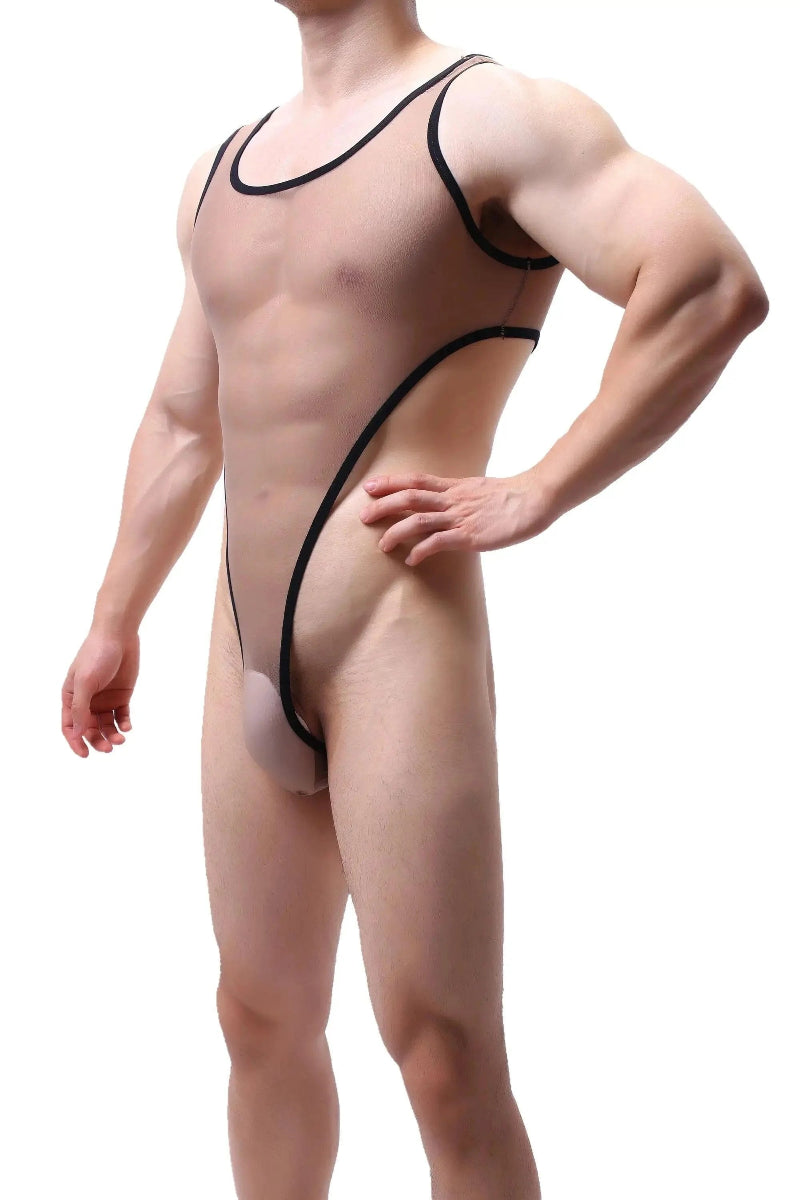 sexy Kakhi mesh men's bodysuit thong showing ergonomic fit Side