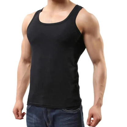 DomiGe cotton tank top black front view — scoop neck classic fit model	