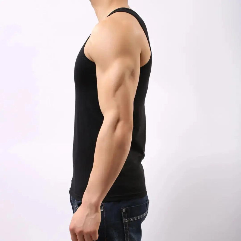 DomiGe cotton tank top black side view — breathable cotton profile model	